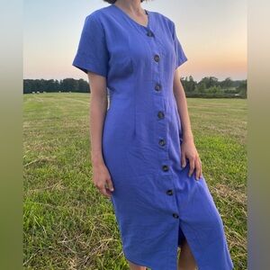 Vintage purple button down midi dress with tortoise buttons.